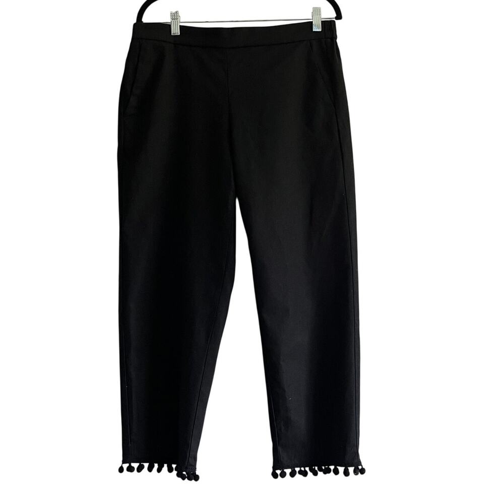 J.Crew Black Linen Blend Cropped Pants Pom Pom Hem Elastic Waist Size 10 Resort